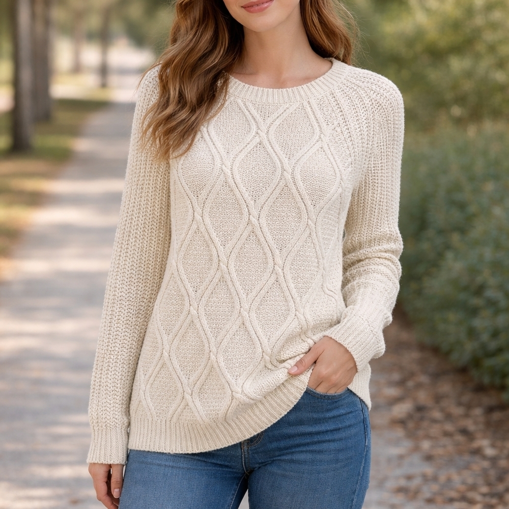 Studio Works Women's Beige Cable Knit Sweater